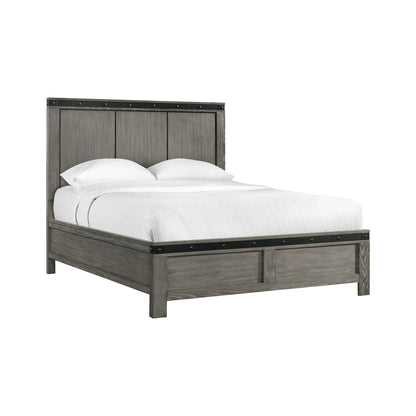 Dark gray wooden bed with slat headboard and four white pillows, angled view