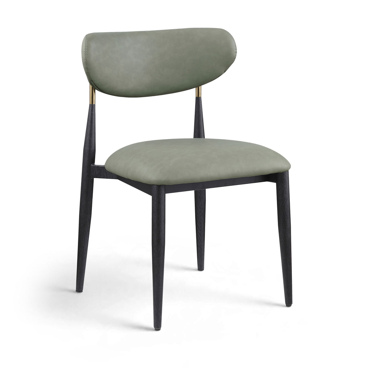 Green vegan leather dining side chair with padded seat, rounded back, black legs