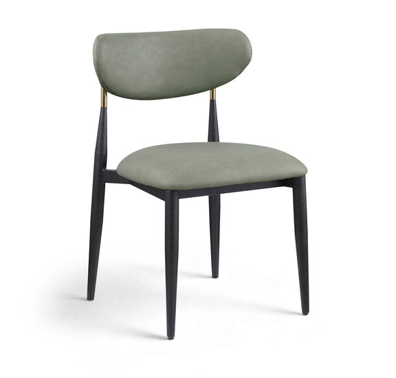 Green vegan leather dining side chair with padded seat, rounded back, black legs