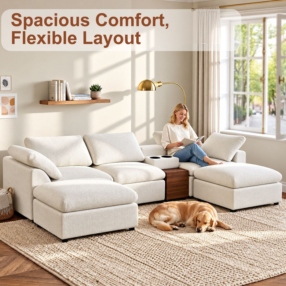 White modular sectional sofa with storage console and lounge ottoman seats
