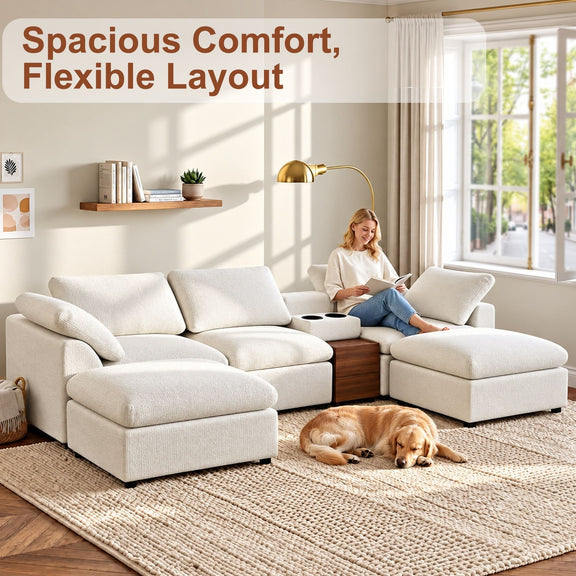White modular sectional sofa with storage console and lounge ottoman seats