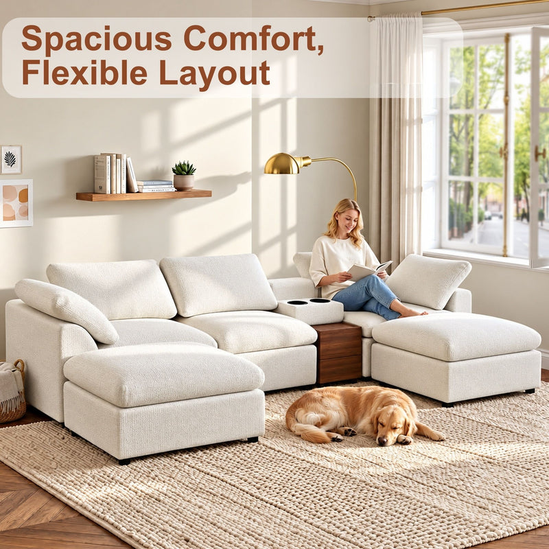 White modular sectional sofa with storage console and lounge ottoman seats