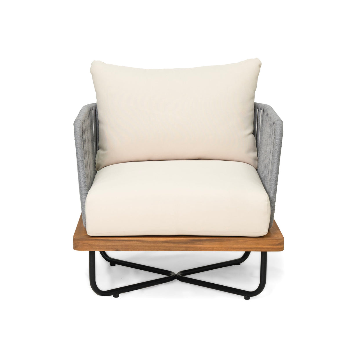 Outdoor acacia wood chair with gray woven sides and beige seat cushions