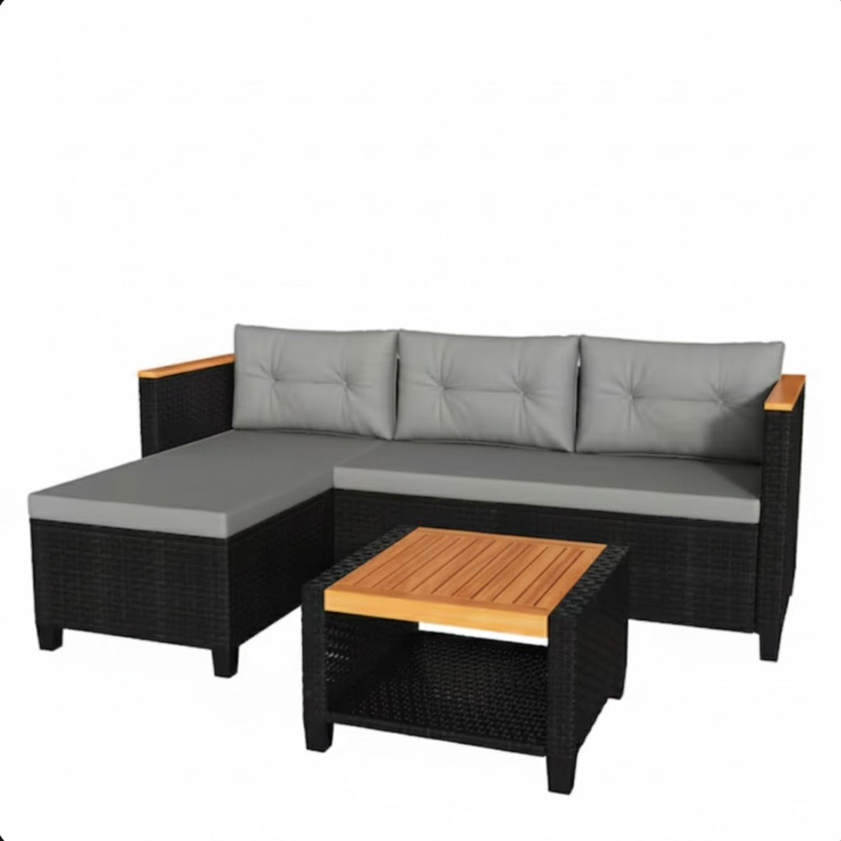 L-shaped patio sectional with gray tufted cushions and dark wicker coffee table