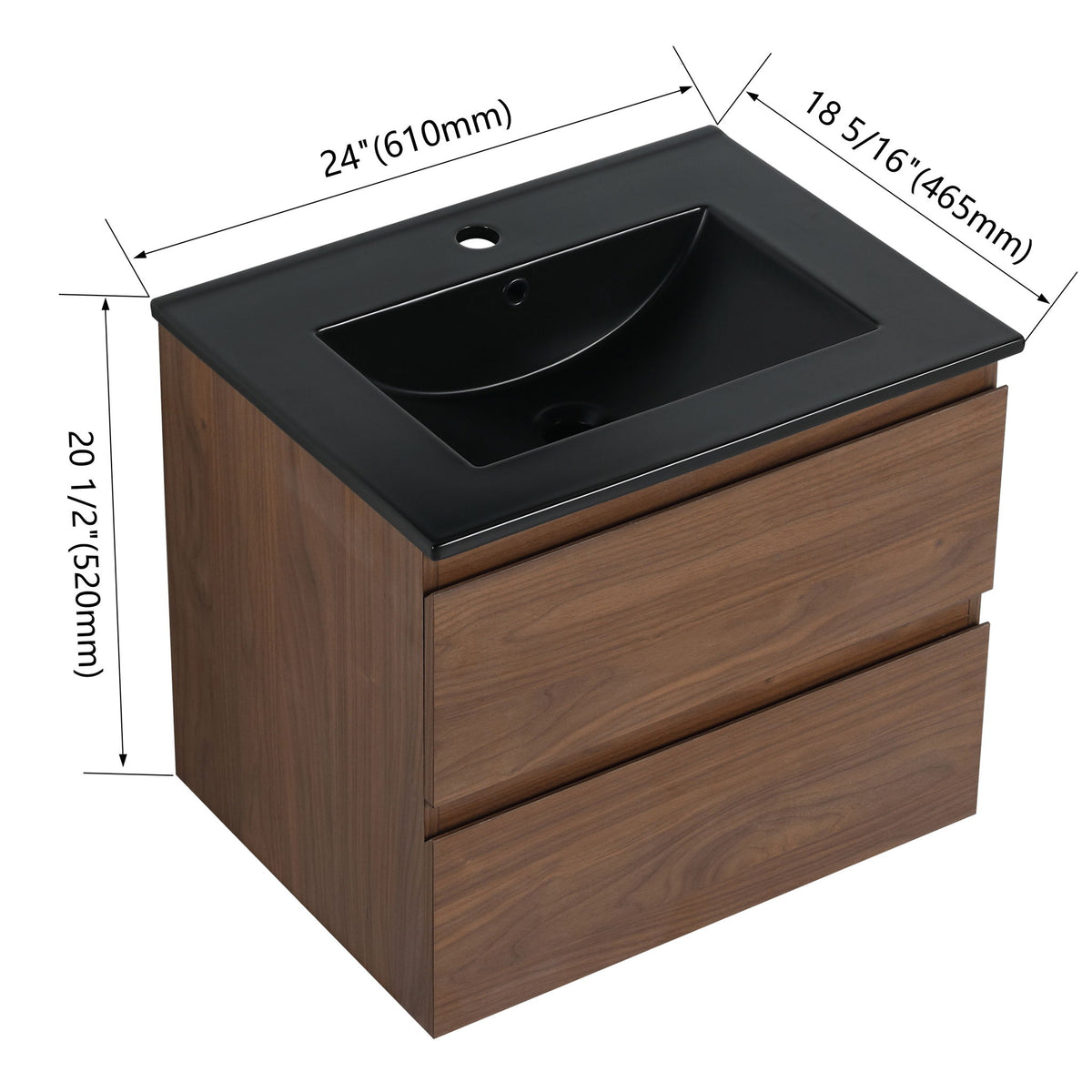 Wall-mounted bathroom vanity with black sink, dark wood cabinet, 2 soft-close drawers