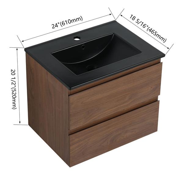 Wall-mounted bathroom vanity with black sink, dark wood cabinet, 2 soft-close drawers