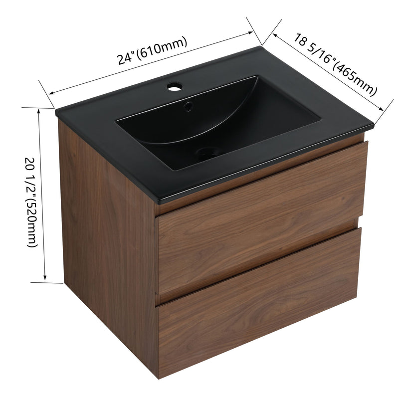 Wall-mounted bathroom vanity with black sink, dark wood cabinet, 2 soft-close drawers