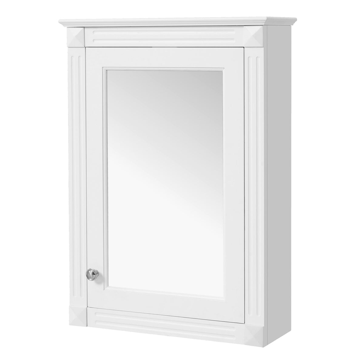 White wall-mounted medicine cabinet with mirrored door and decorative frame trim