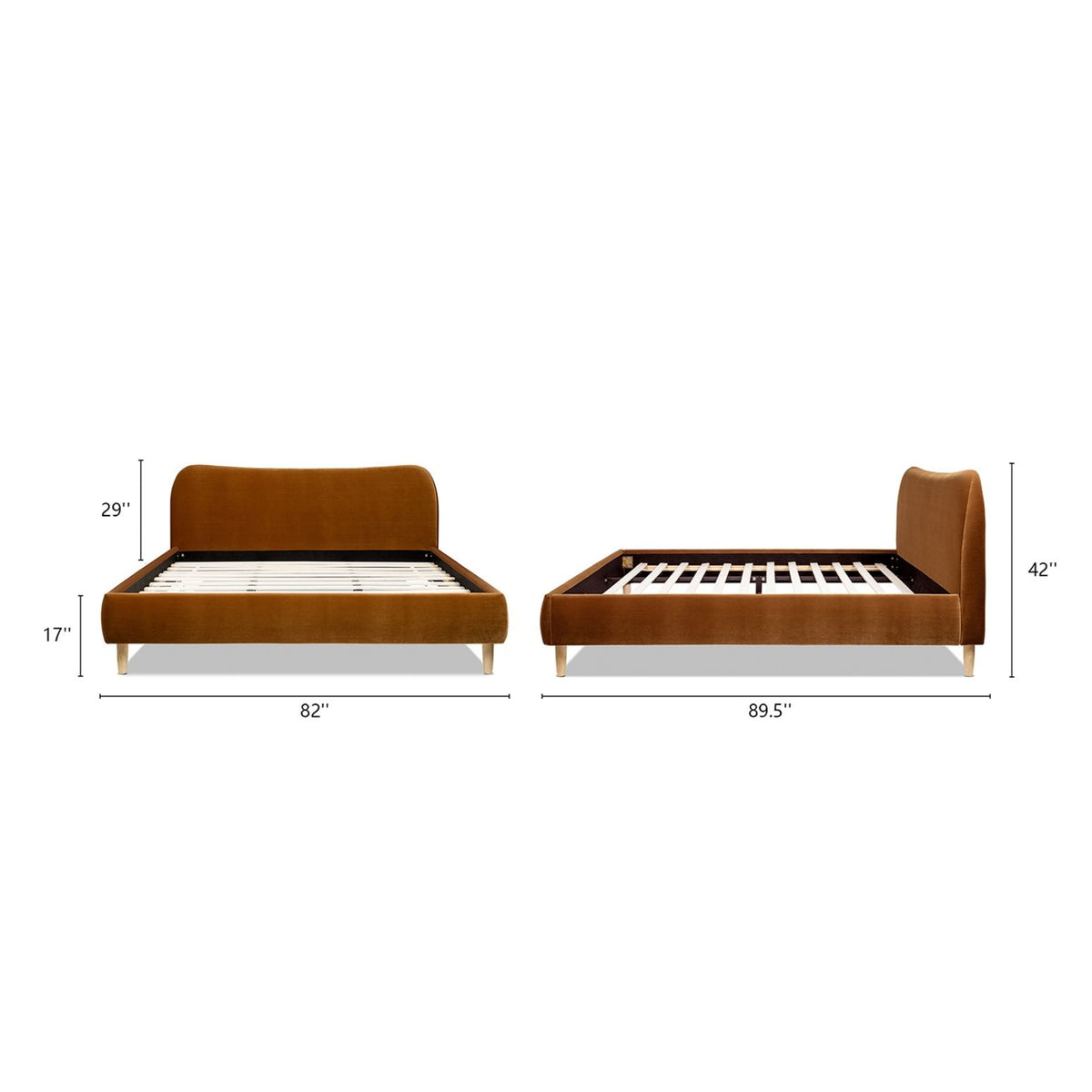 Orange upholstered platform bed with curved headboard, front and side profiles