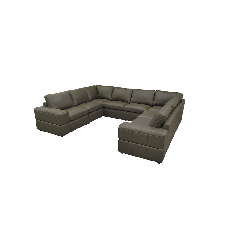Dark gray L-shaped sectional sofa with large square arms and padded chaise.