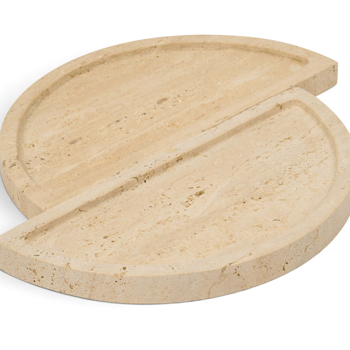 Travertine tray in beige with two-piece circular design and natural stone veining.