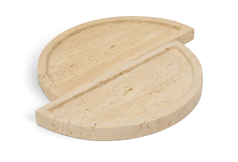 Travertine tray in beige with two-piece circular design and natural stone veining.