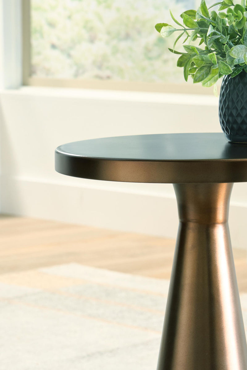 Light bronze accent table top edge and tapered pedestal base