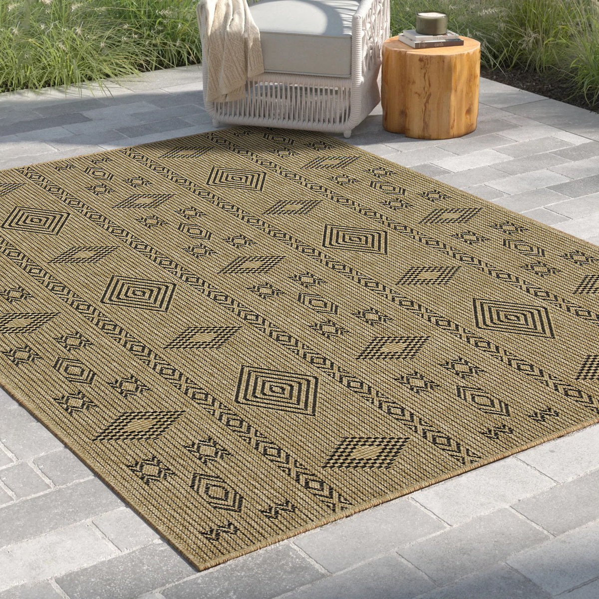 Indoor outdoor jute area rug with all-over geometric pattern, beige with black details