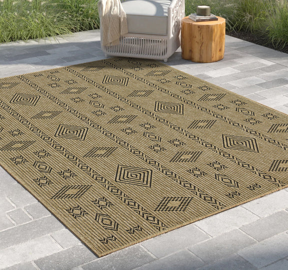 Indoor outdoor jute area rug with all-over geometric pattern, beige with black details