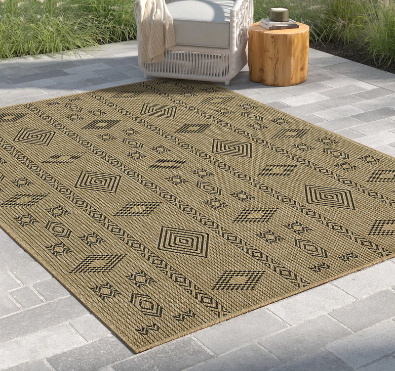 Indoor outdoor jute area rug with all-over geometric pattern, beige with black details
