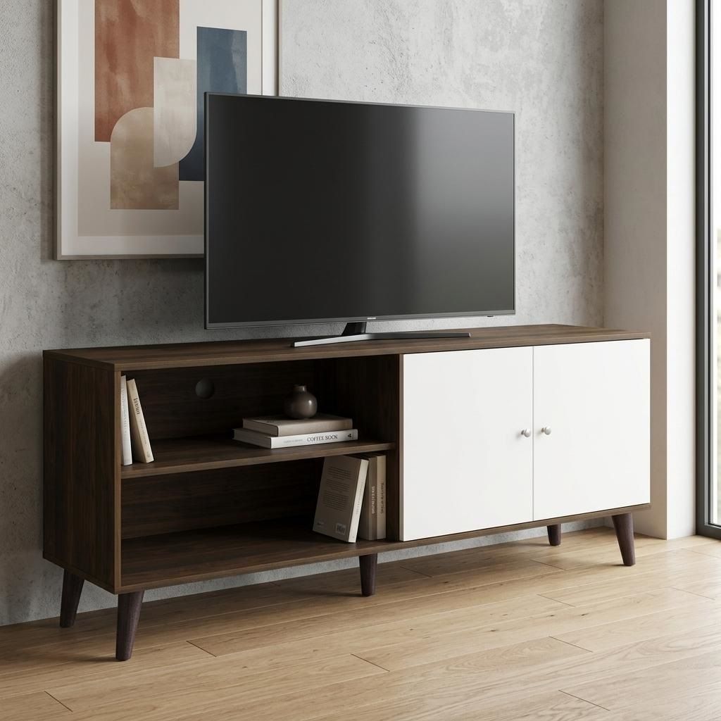 TV stand with dark brown base and open shelves, with white cabinet doors for storage
