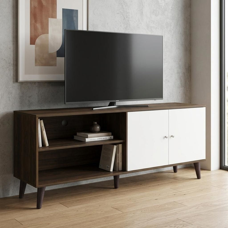 TV stand with dark brown base and open shelves, with white cabinet doors for storage