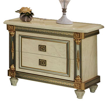 Beige nightstand with marble-look top, gold-accented drawer pulls, and carved legs.