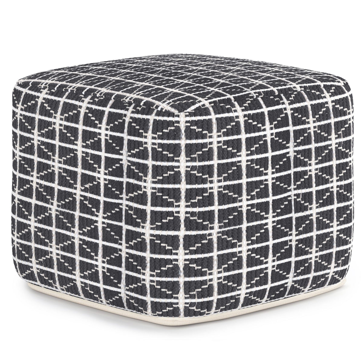 Upholstered square pouf in black textured fabric with white grid plaid stitching.