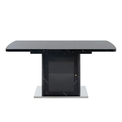 Black rectangular dining table with dark stone-look top and side storage door panel
