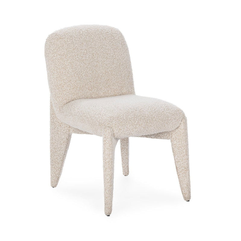 Upholstered dining chair, light beige textured fabric, curved back and arms
