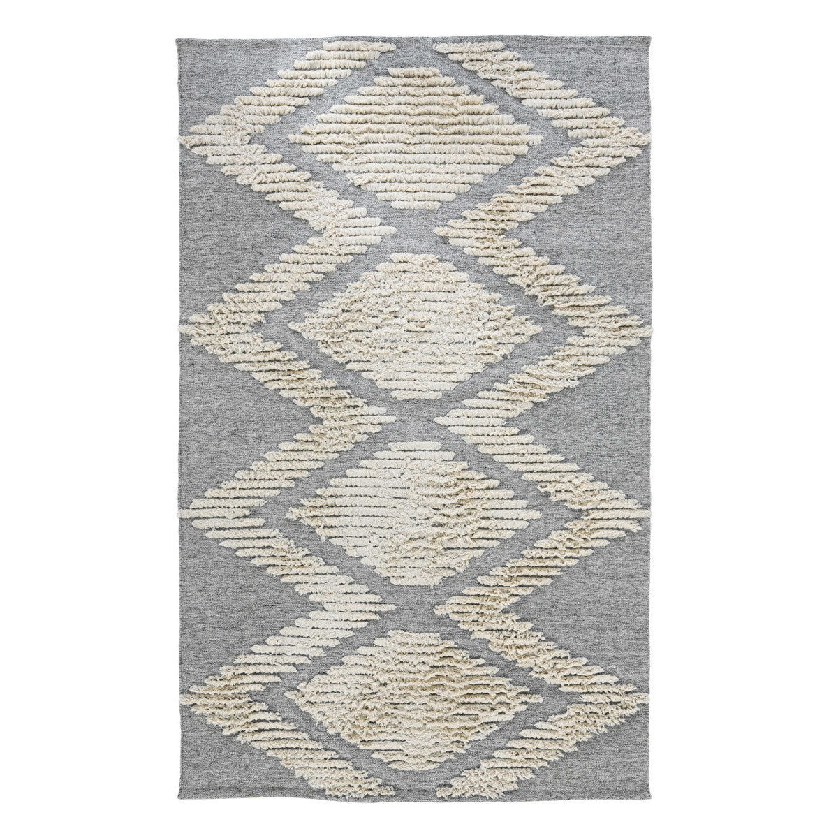 Granite gray indoor/outdoor rug with cream diamond lattice pattern, textured loop pile