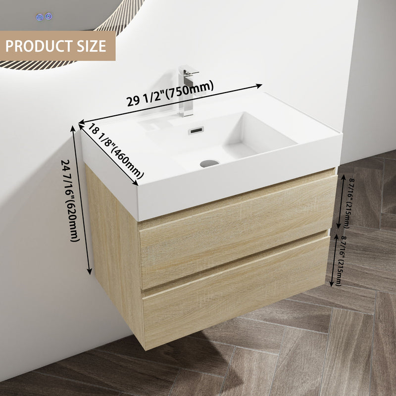 Wall-mounted bathroom vanity with white sink and faucet; light brown base with two drawers