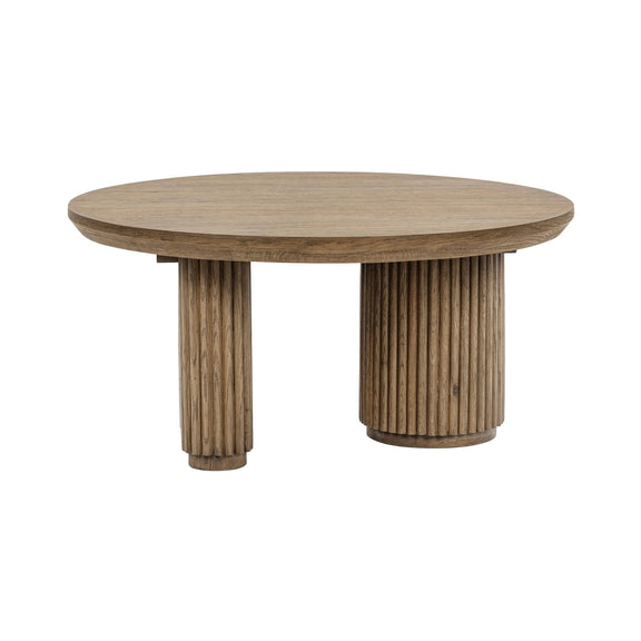 Tawny brown round solid wood coffee table with short pedestal supports