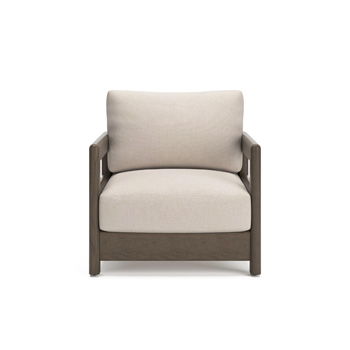 Arc Lake brown lounge chair with beige seat and back cushions, broad arms, and a wood frame