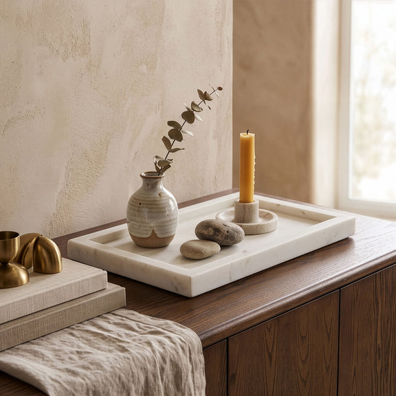 Rectangular marble tray with raised rim holding candle and decorative stones