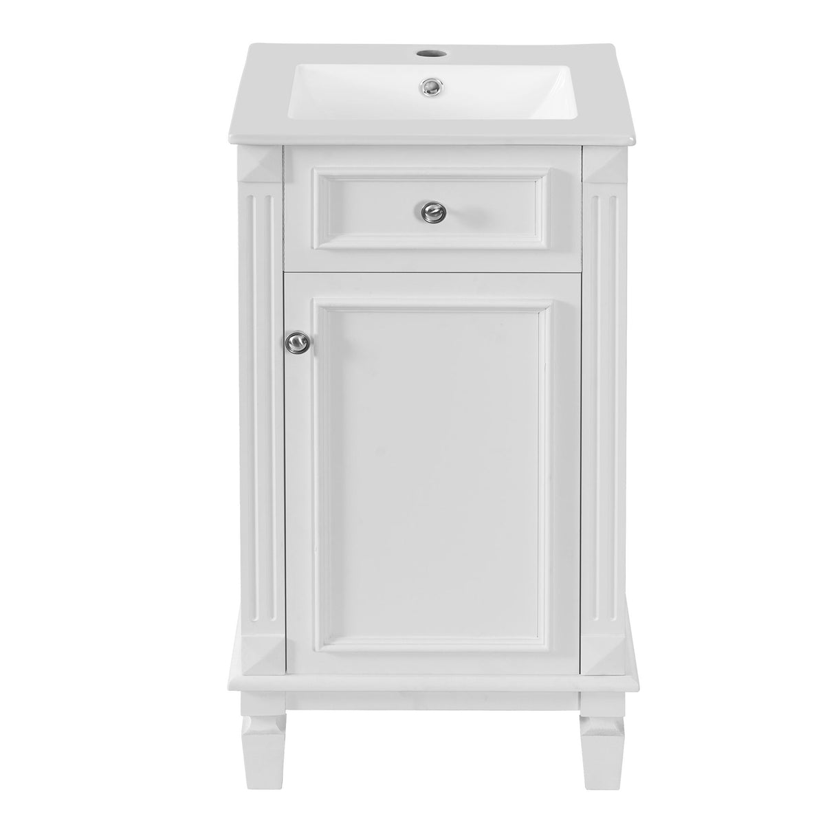 White bathroom vanity cabinet with built-in sink and paneled door, silver knob
