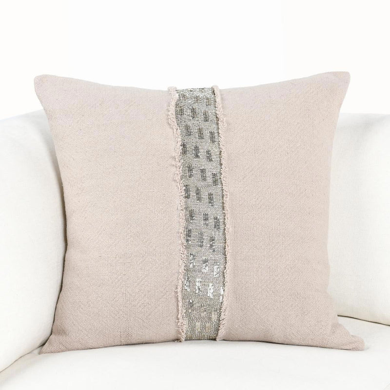 Natural fabric square pillow with beige cover and vertical gray stitched stripe