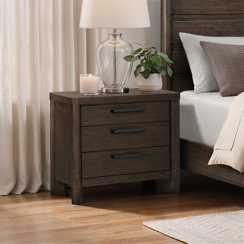 Dark oak 3-drawer nightstand with bar pulls, compact bedside storage table