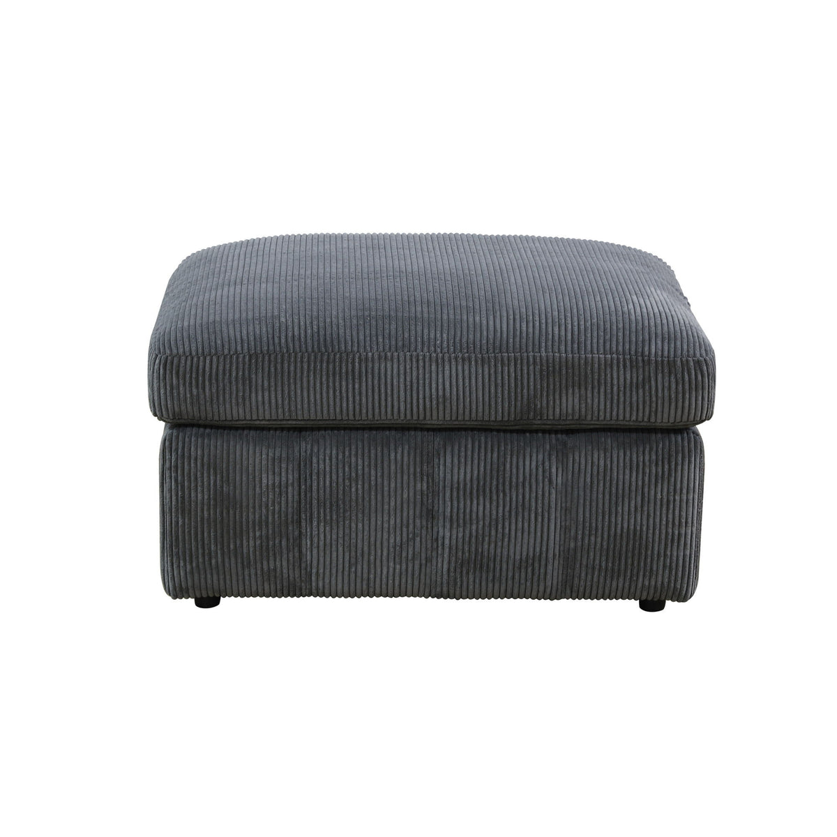 Front view of a dark gray ottoman with ribbed upholstery