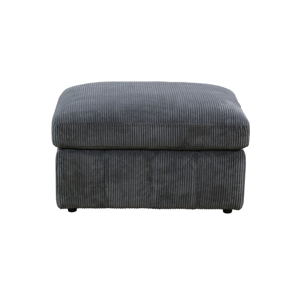 Front view of a dark gray ottoman with ribbed upholstery