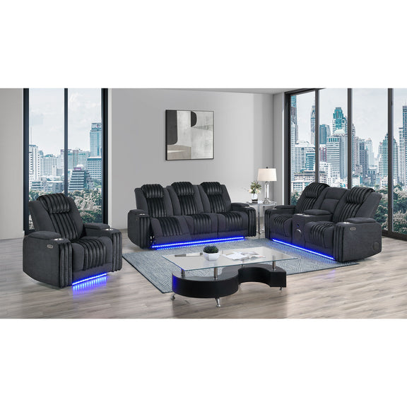 Power reclining set with power headrests, dark gray chairs and loveseat with blue LED bases