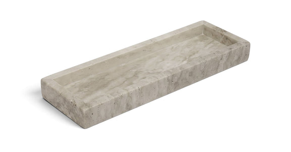 Beige travertine serving tray, long rectangular shape with shallow raised sides