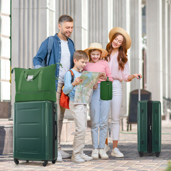2-piece ABS luggage set with spinner wheels, dark green suitcases and matching tote bag