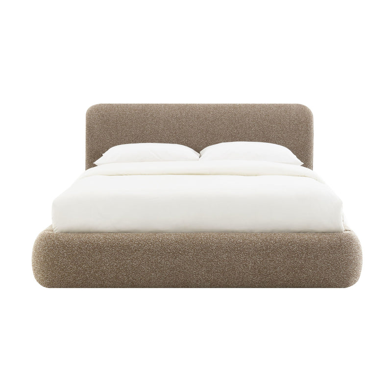 Erica bed light brown upholstered frame with rounded headboard and white bedding