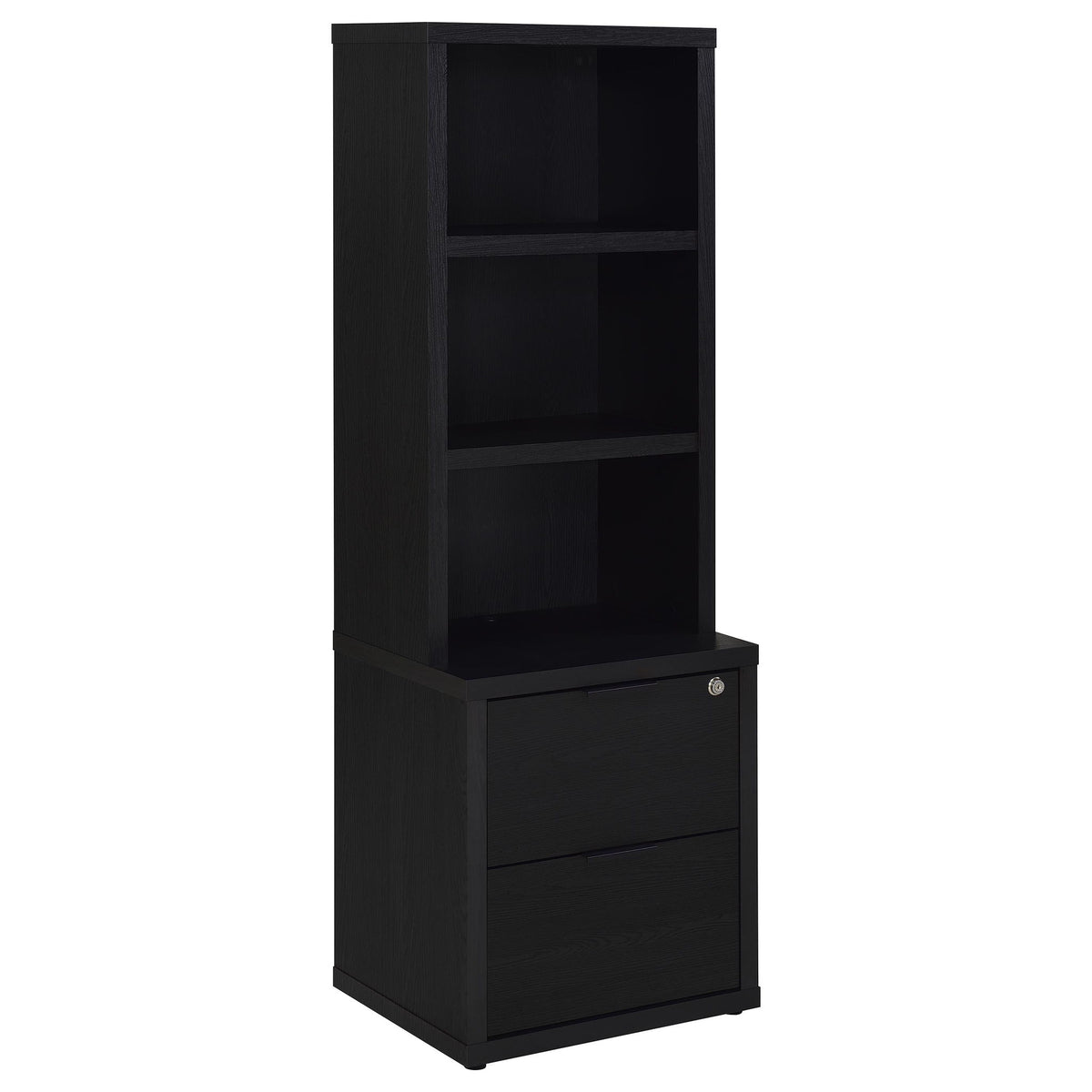 Black 3-shelf bookcase with enclosed shelves and two drawers at the bottom