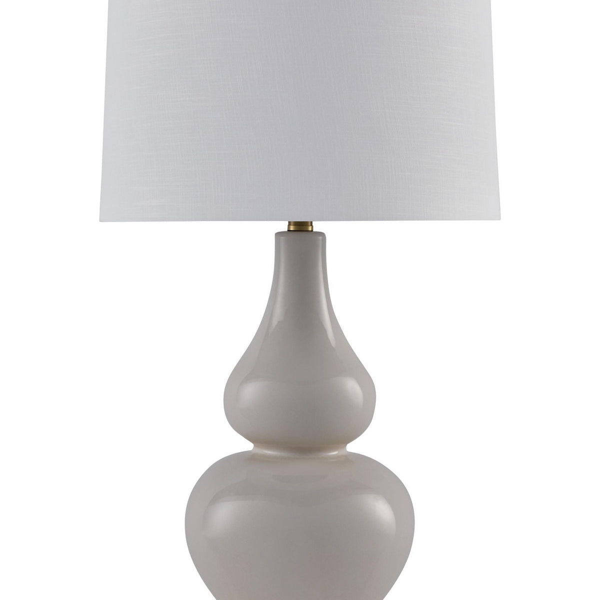 Cream fabric table lamp shade with gray ceramic base and gold accents