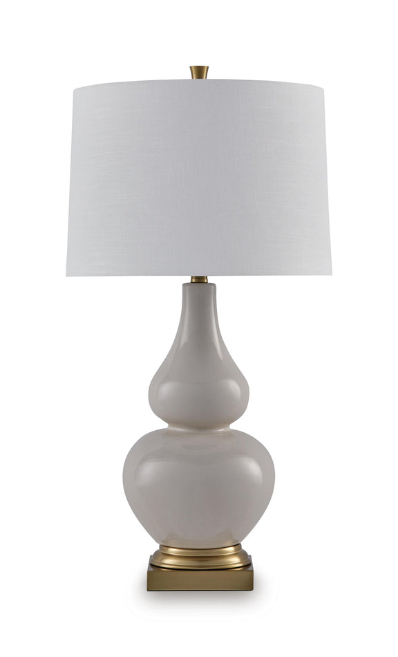 Cream fabric table lamp shade with gray ceramic base and gold accents