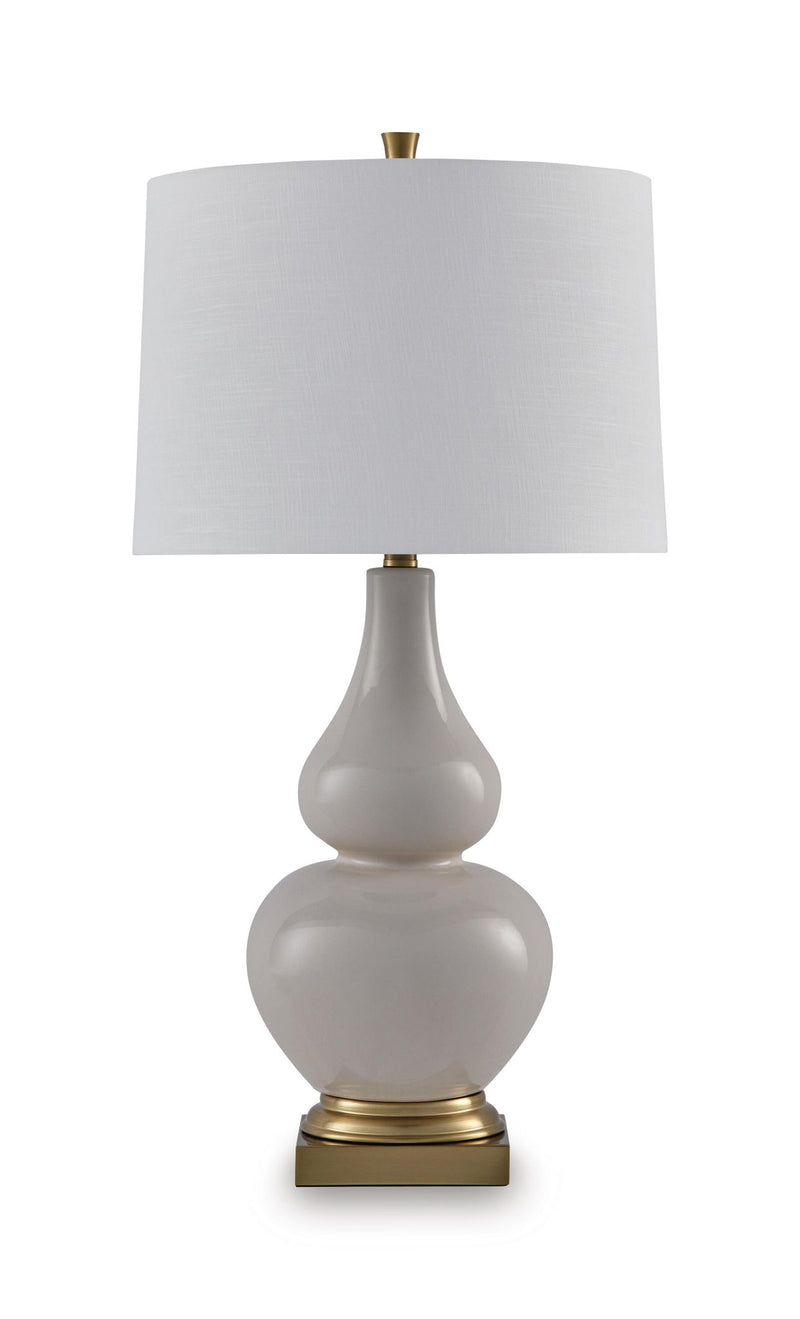 Cream fabric table lamp shade with gray ceramic base and gold accents