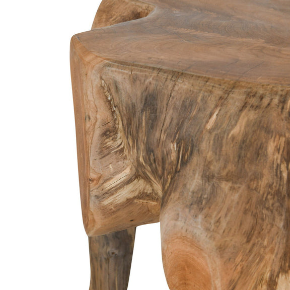 Root end table side close-up showing wood texture, grain patterns, and thick frame