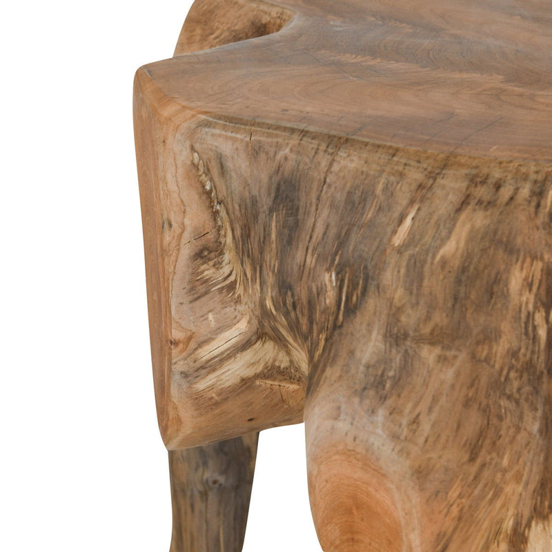 Root end table side close-up showing wood texture, grain patterns, and thick frame