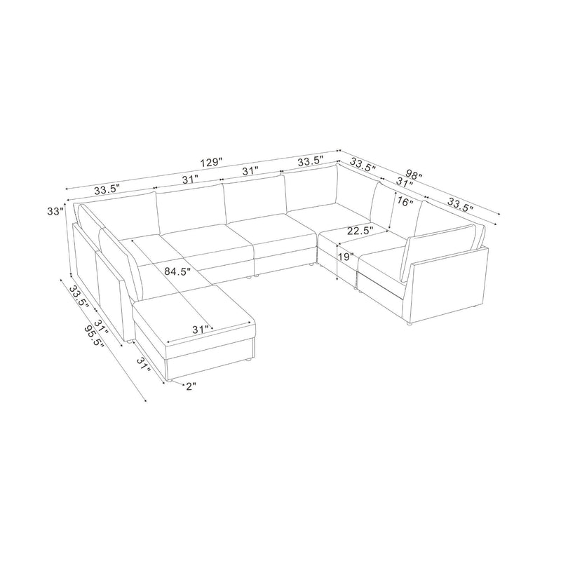 Modular sectional sofa diagram with measurements and ottoman sizing outline