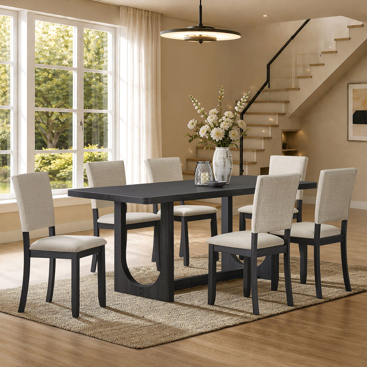 Rectangular dining table set with dark table and beige upholstered chairs, 6-chair arrangement