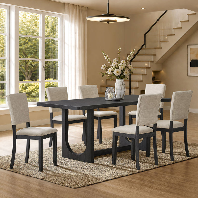 Rectangular dining table set with dark table and beige upholstered chairs, 6-chair arrangement