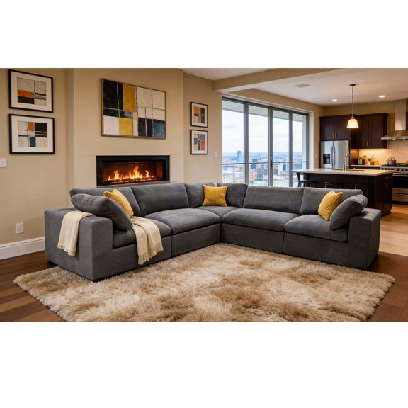 Gray modular sectional with chaise seats and yellow accent throw pillows